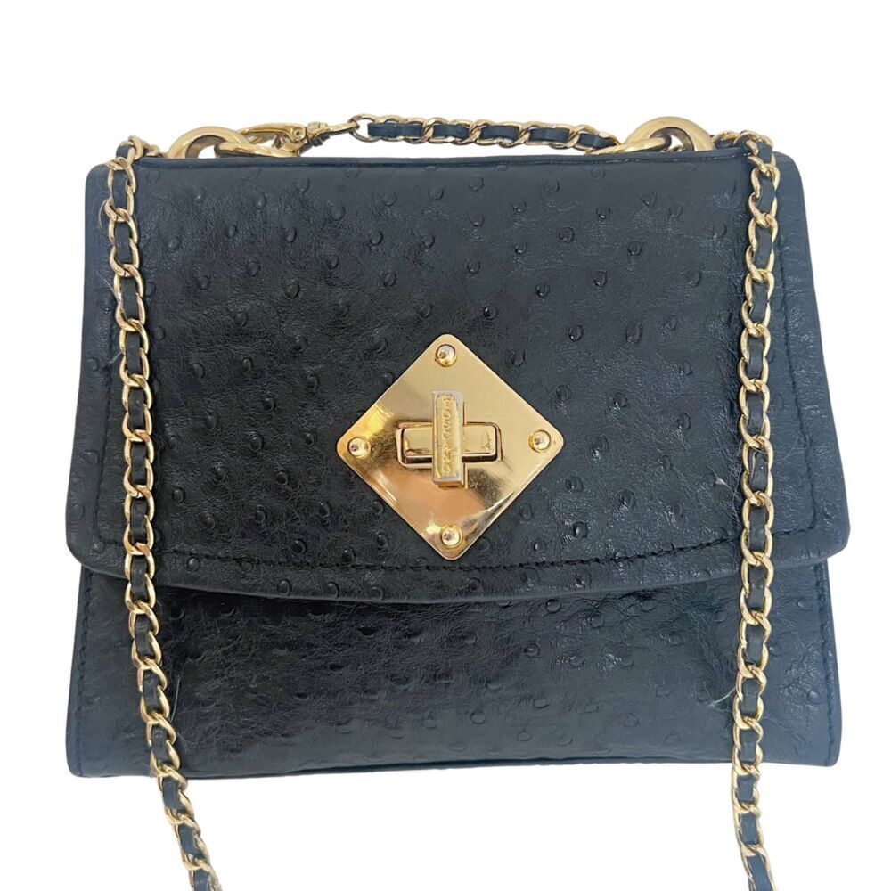 Vintage Tocco Toscano Black Ostrich Leather Structured Crossbody Bag Gold Chain